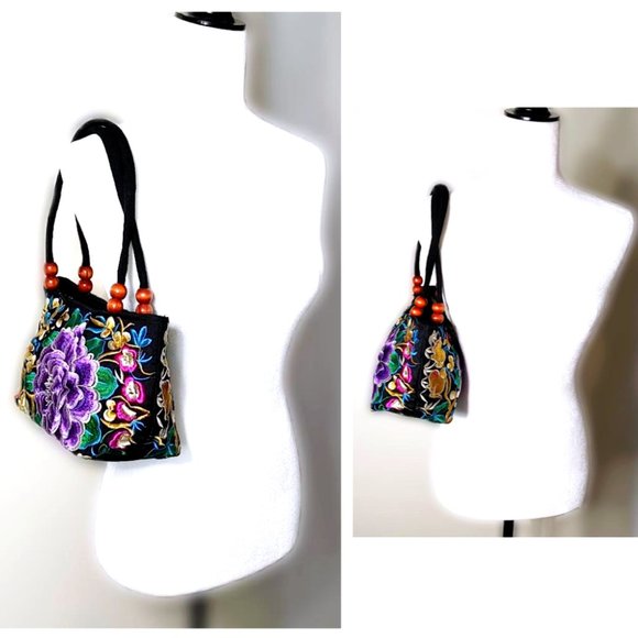 Embroidery Satchel Floral Rabbits Black Purple Canvas Tote Zip Top Handle Lined - Picture 3 of 12